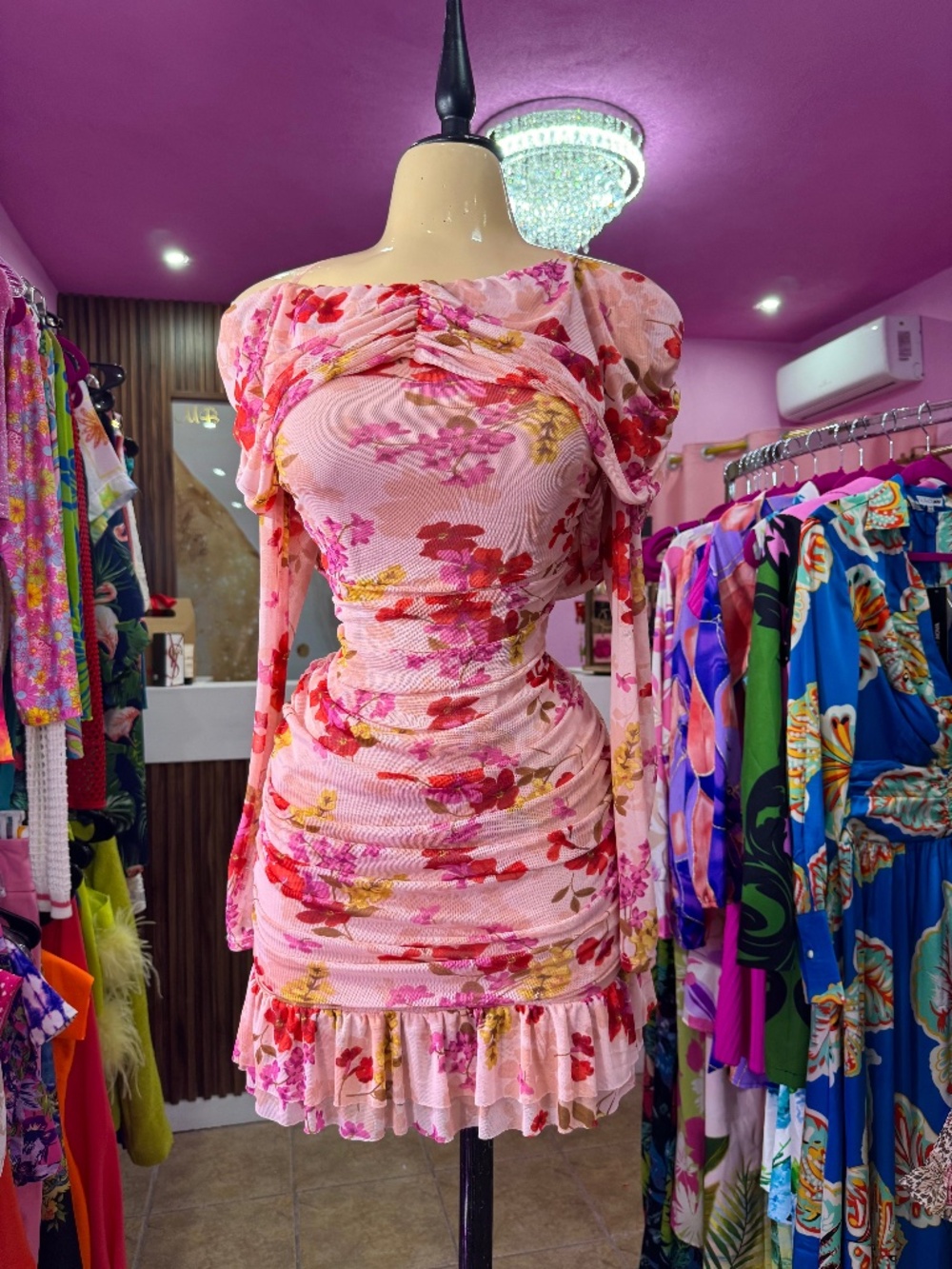 🌸 Pink Floral Off-Shoulder Bodycon Dress  SIZE L NWT